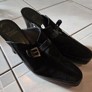 Stuart Weitzman Suede Buckle Slip On Heels Black 8M